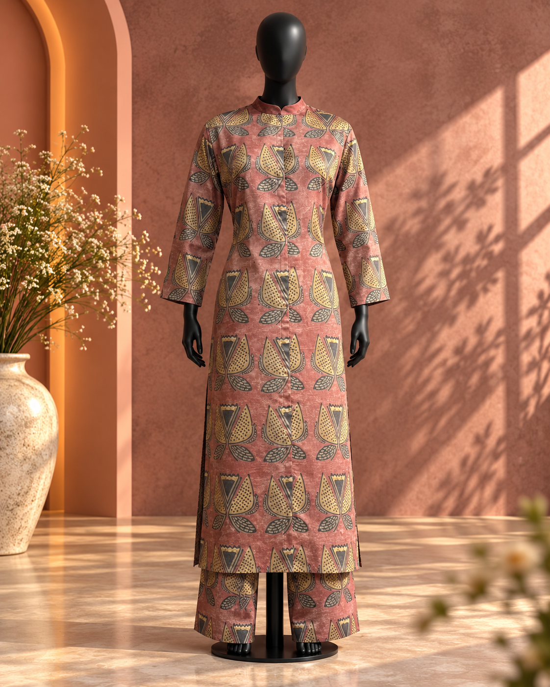 Terracotta Pink Printed Kurta Set with Palazzo
