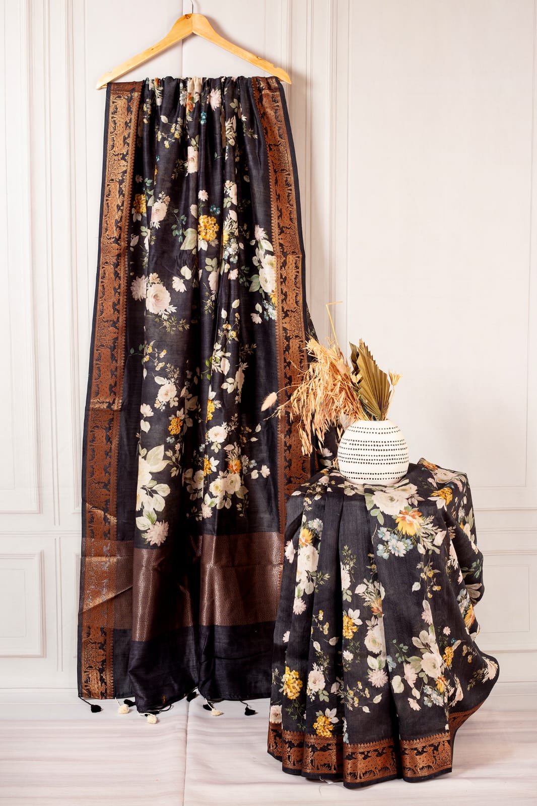 Midnight Black Floral Linen Saree with Antique Copper Zari Border