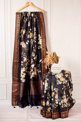 Midnight Black Floral Linen Saree with Antique Copper Zari Border