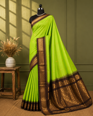 Lime Green Soft Silk Saree with Antique Gold Zari Border