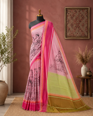 Blush Pink Heritage Art Print Cotton Saree with Contrast Border